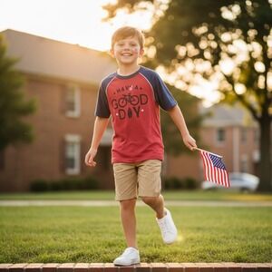 Boys Have A Good Day Graphic Raglan T-Shirt Red Navy Blue Patriotic Bike Surf
